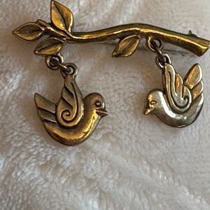 Elegant Gold & Silver Bird Brooch Peace Doves on Branch Made of Brass Christian